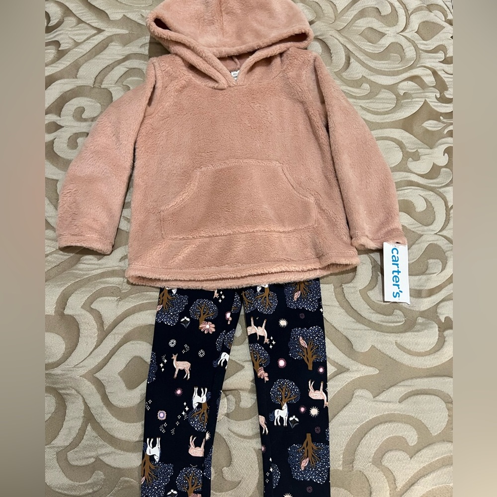 Carter's Blush Pink Fleece Hoodie with Navy Deer Print Leggings